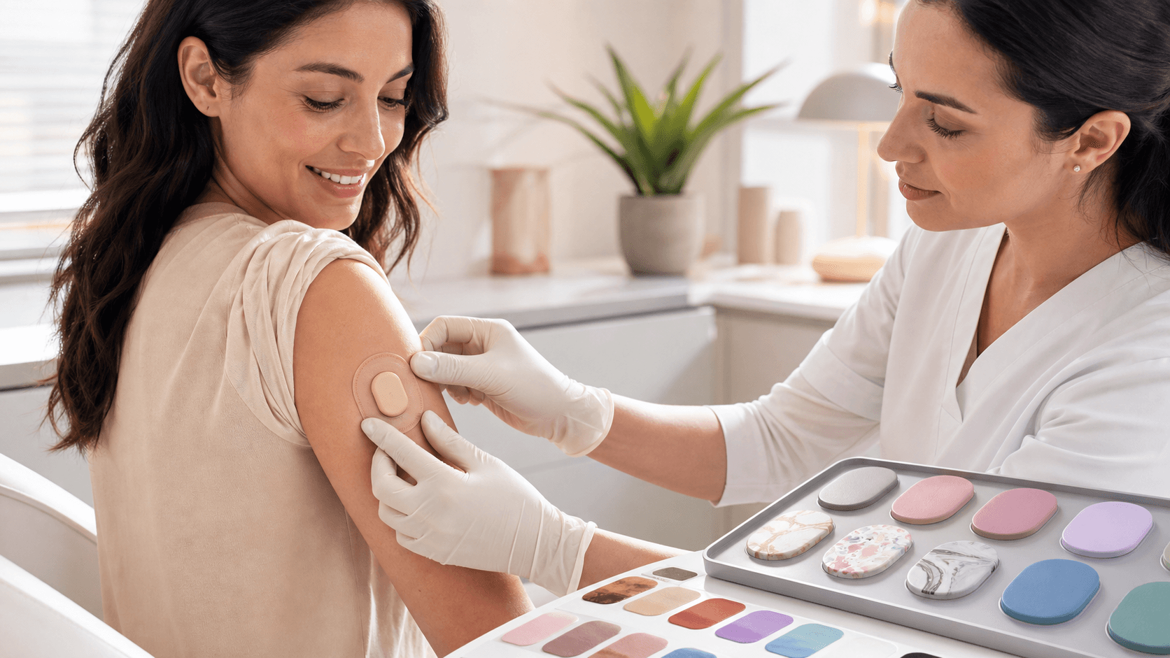 Smartphone beside a Dexcom-style sensor on skin with colorful adhesive patches arranged on a bright white background