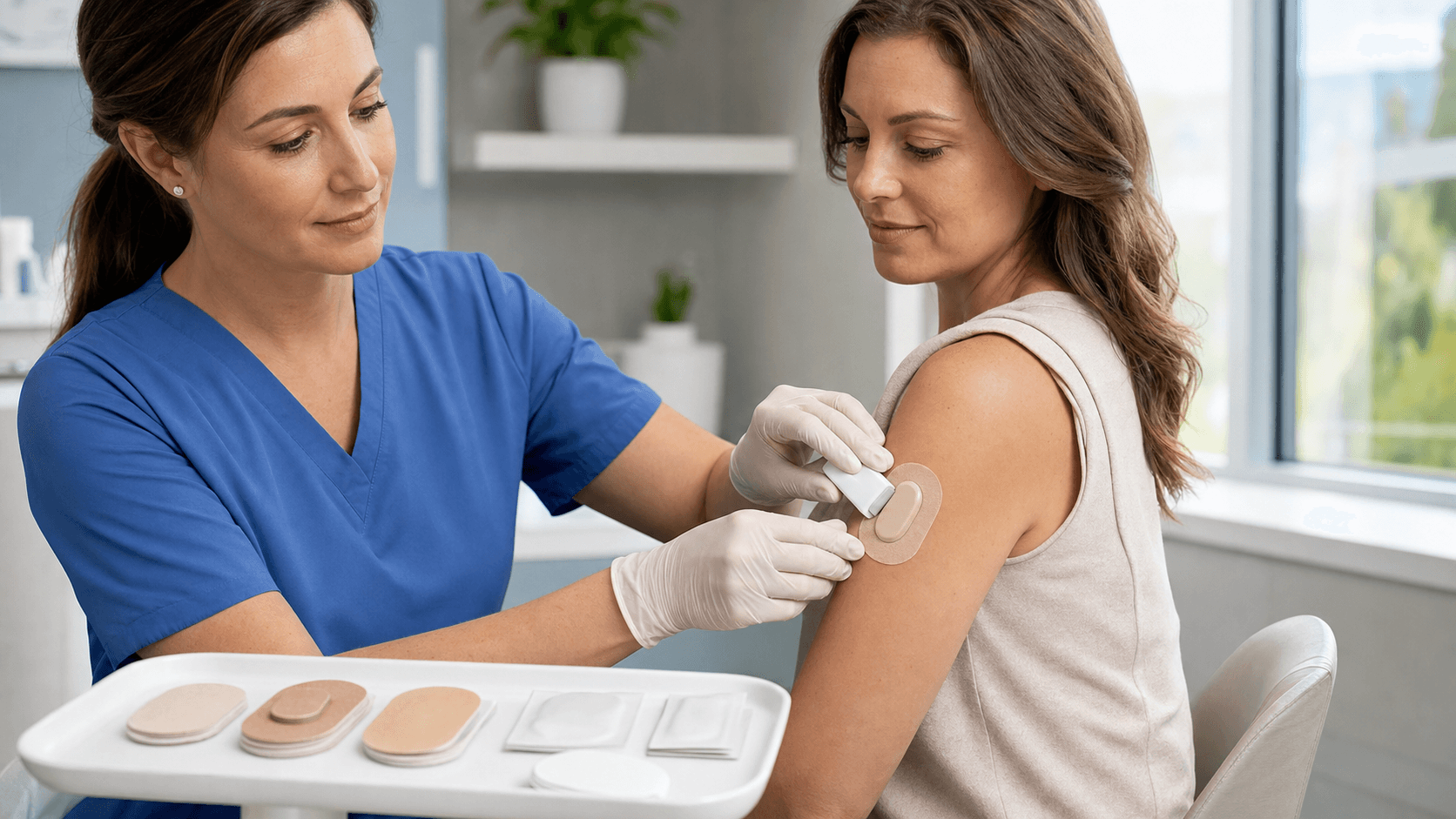 Close-up of a glucose sensor on an arm with a beige adhesive patch, soft natural light, neutral background