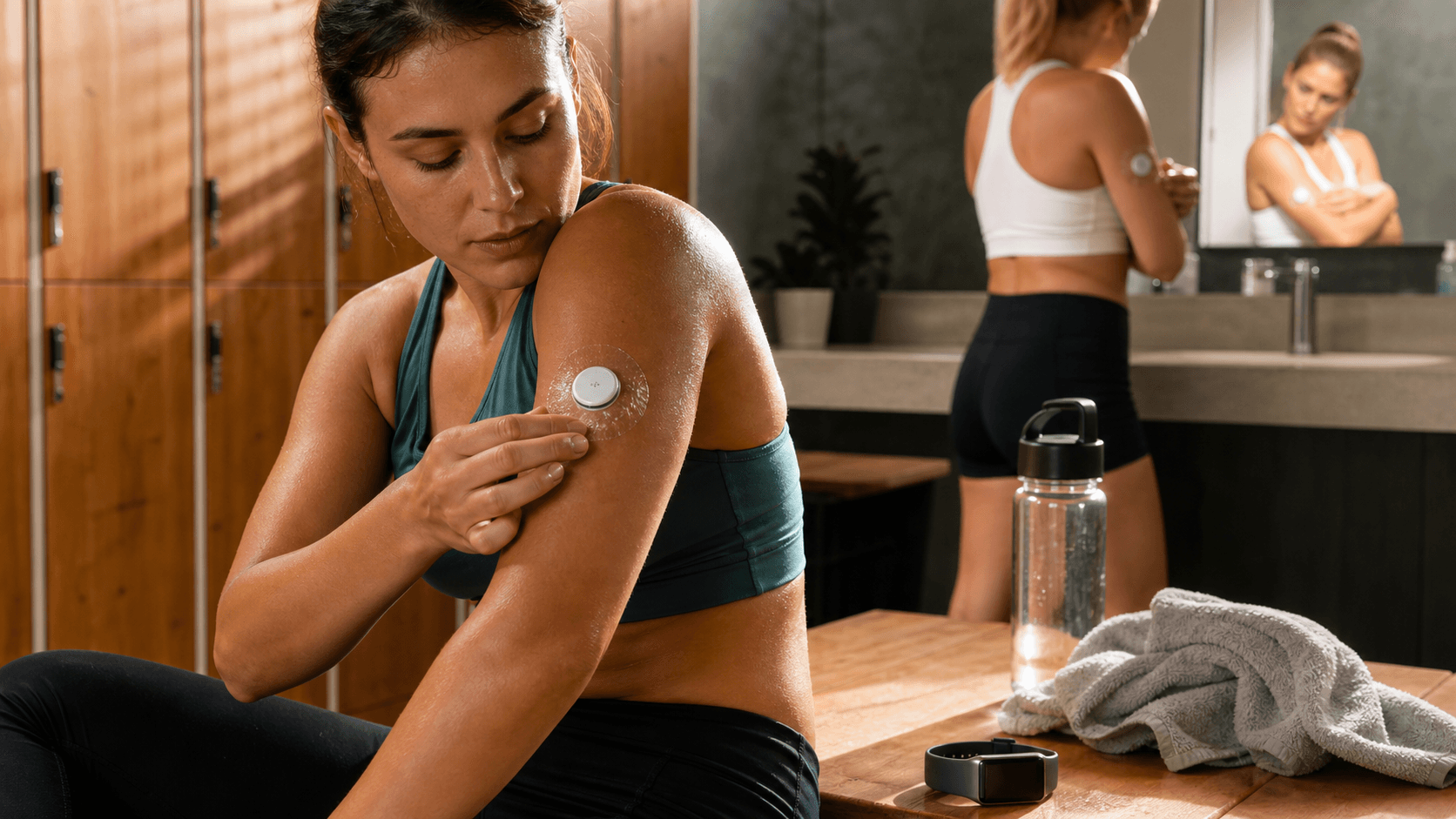 Athletic person in bright gym light wearing a small white glucose sensor patch on upper arm, close-up