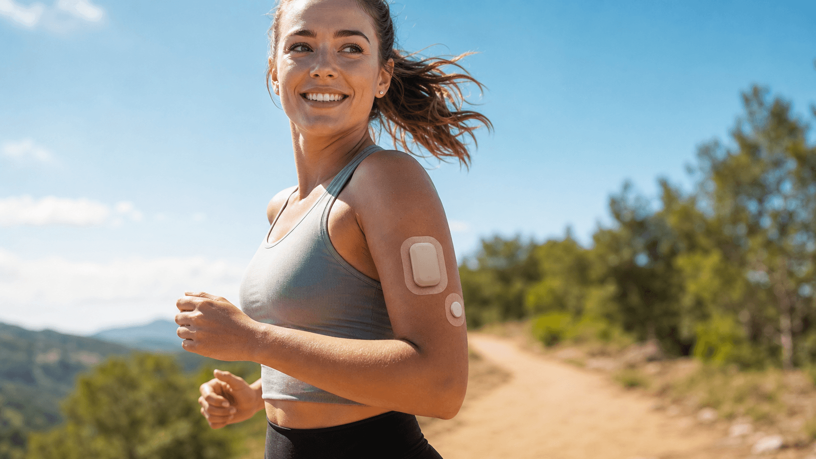 Active person in workout gear with Omnipod and Dexcom sensor on arm, adhesive patches visible in bright light